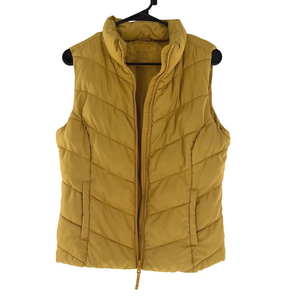 Aeropostale Womens Puffer Vest Mustard Yellow Chevron Quilted Zip Up Medium 5301 - Picture 3 of 7